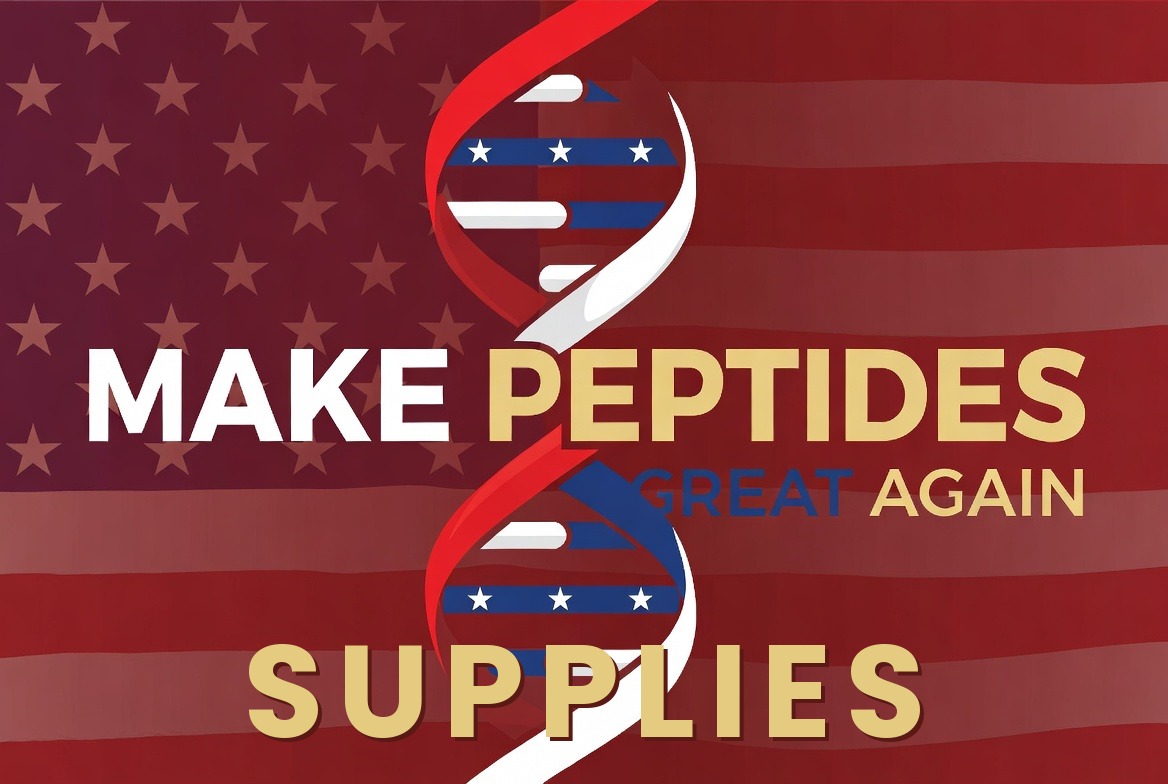 Make Peptides Supplies Great Again — DNA double helix on an American flag background